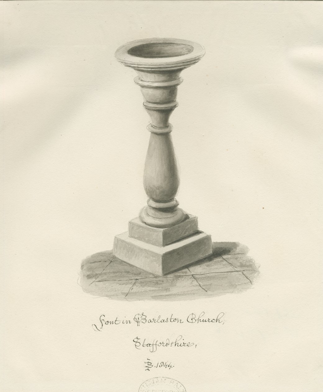 Písmo v kostele Barlaston: sépiová kresba, 1844 od John Buckler