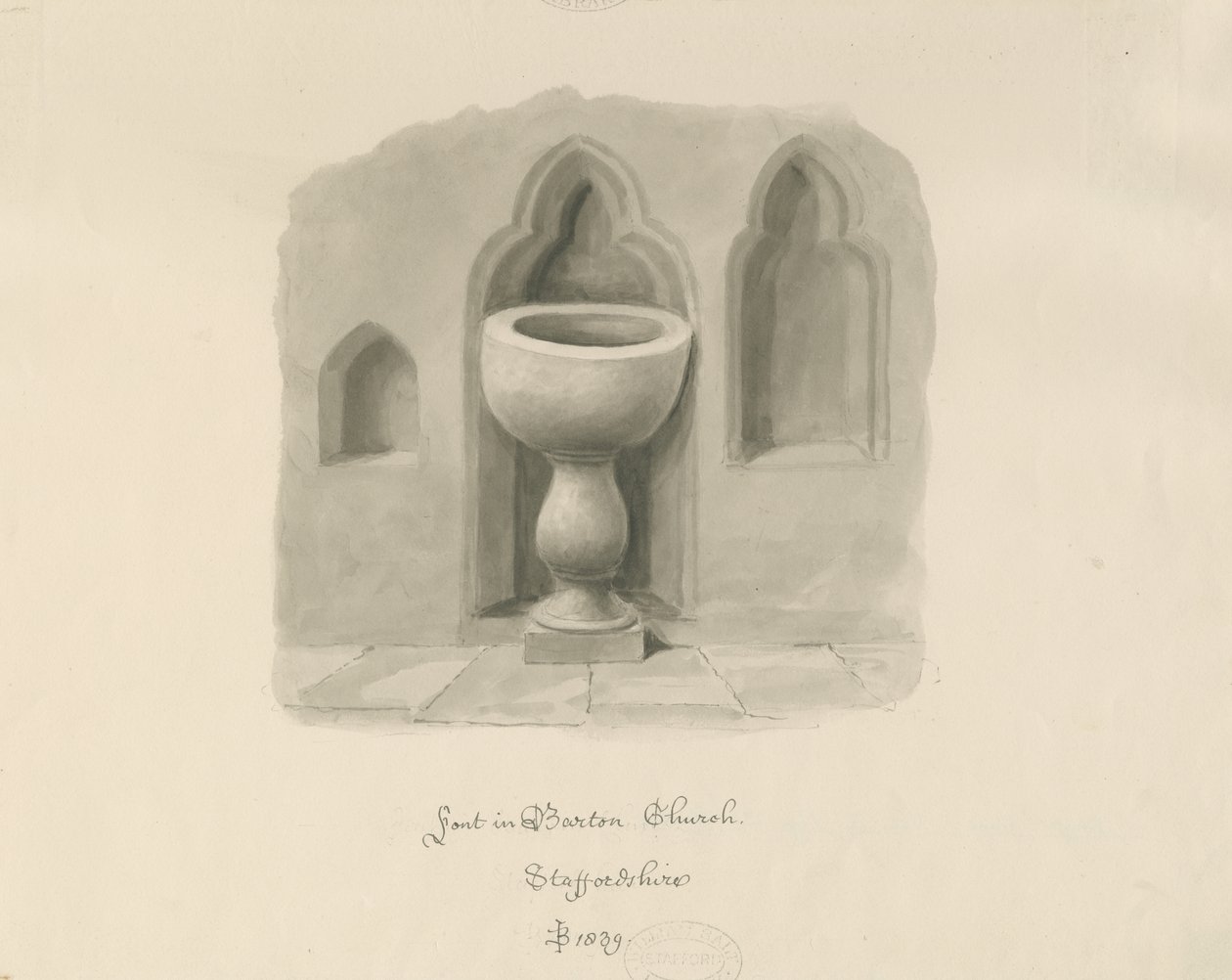 Písmo v Barton pod Needwood Church: sépiová kresba od John Buckler