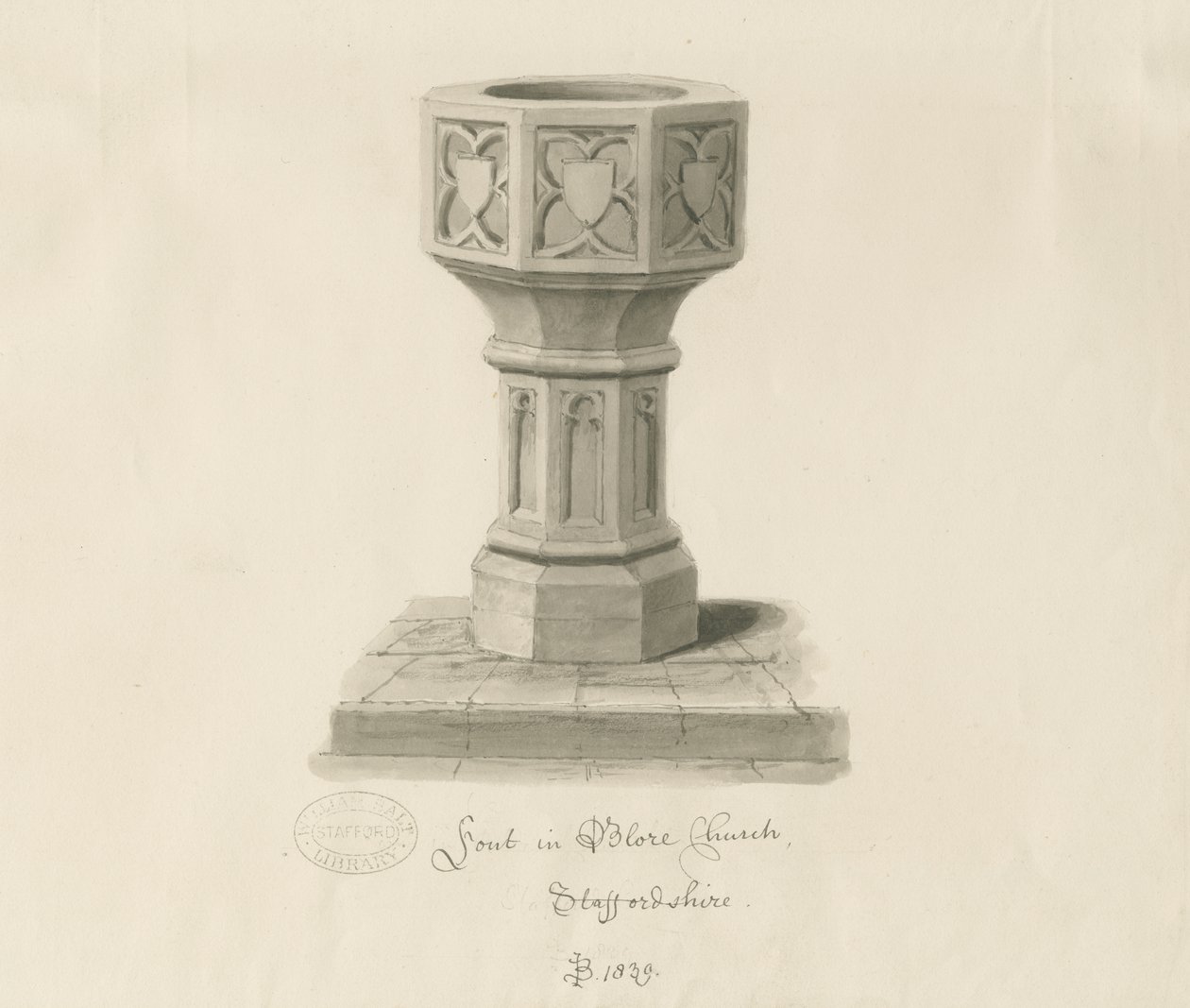 Písmo v kostele Blore: sépiová kresba, 1839 od John Buckler