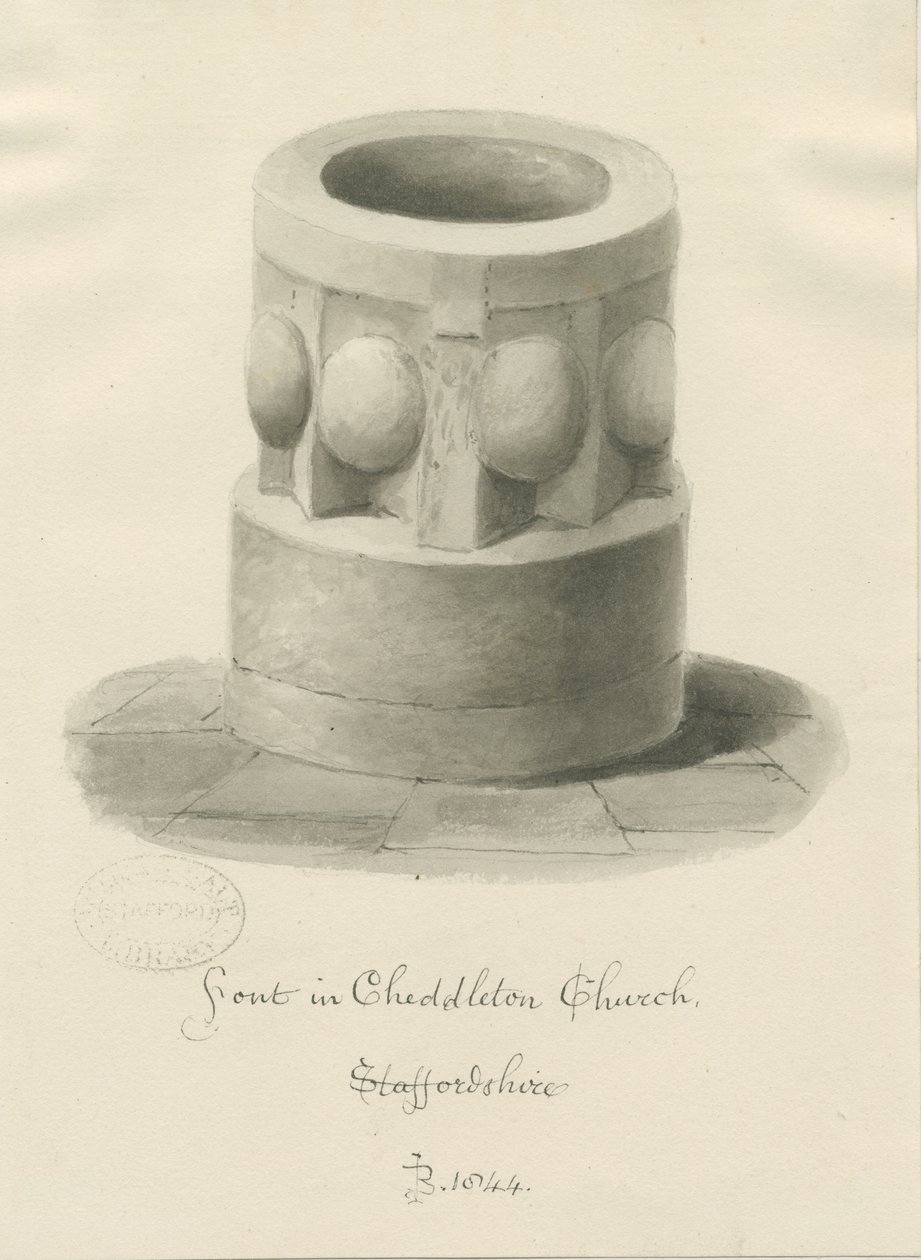 Font v Cheddleton Church: sépiová kresba, 1844 od John Buckler