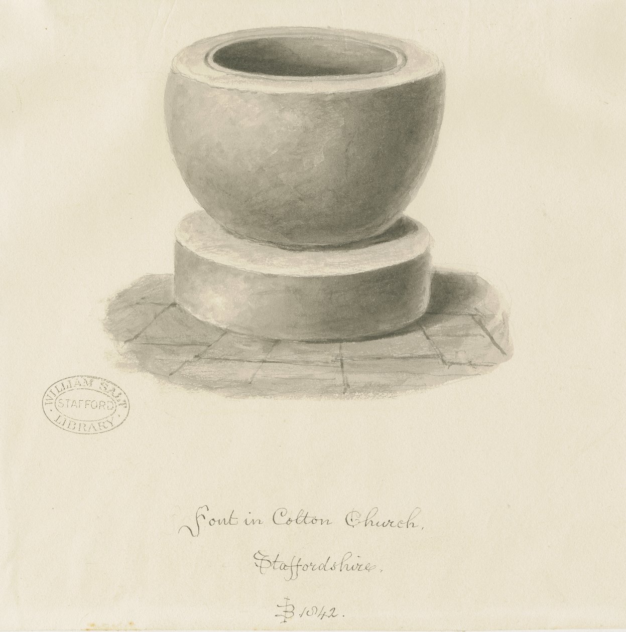 Font v Colton Church: sépiová kresba, 1842 od John Buckler