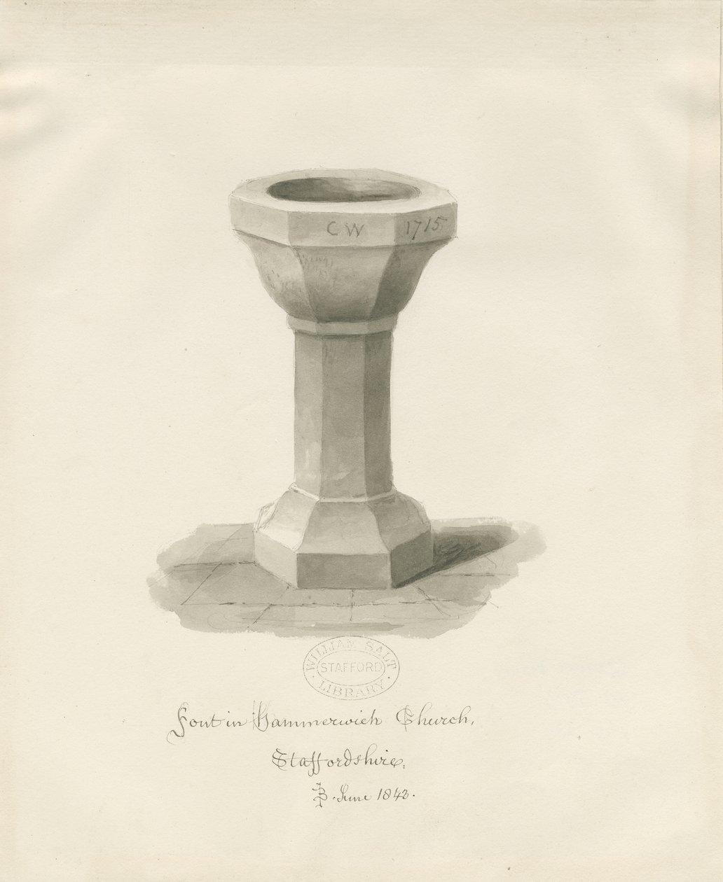 Písmo v kostele Hammerwich: sépiová kresba, červen 1843 (kresba) od John Buckler