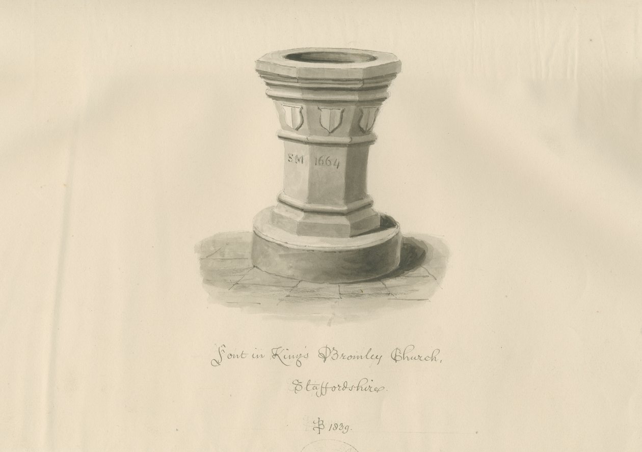 Písmo v kostele Kings Bromley: sépiová kresba, 1839 od John Buckler
