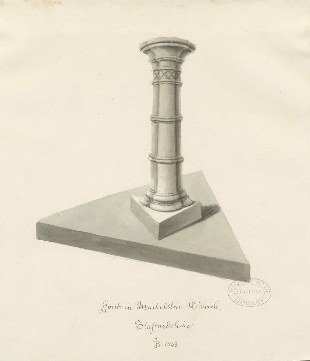 Font v Mucklestone Church: sépiová kresba, 1843 od John Buckler