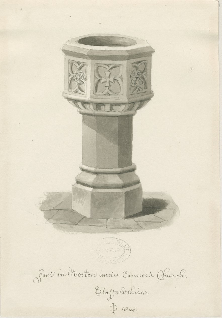 Písmo v kostele Norton Canes: sépiová kresba, 1843 od John Buckler