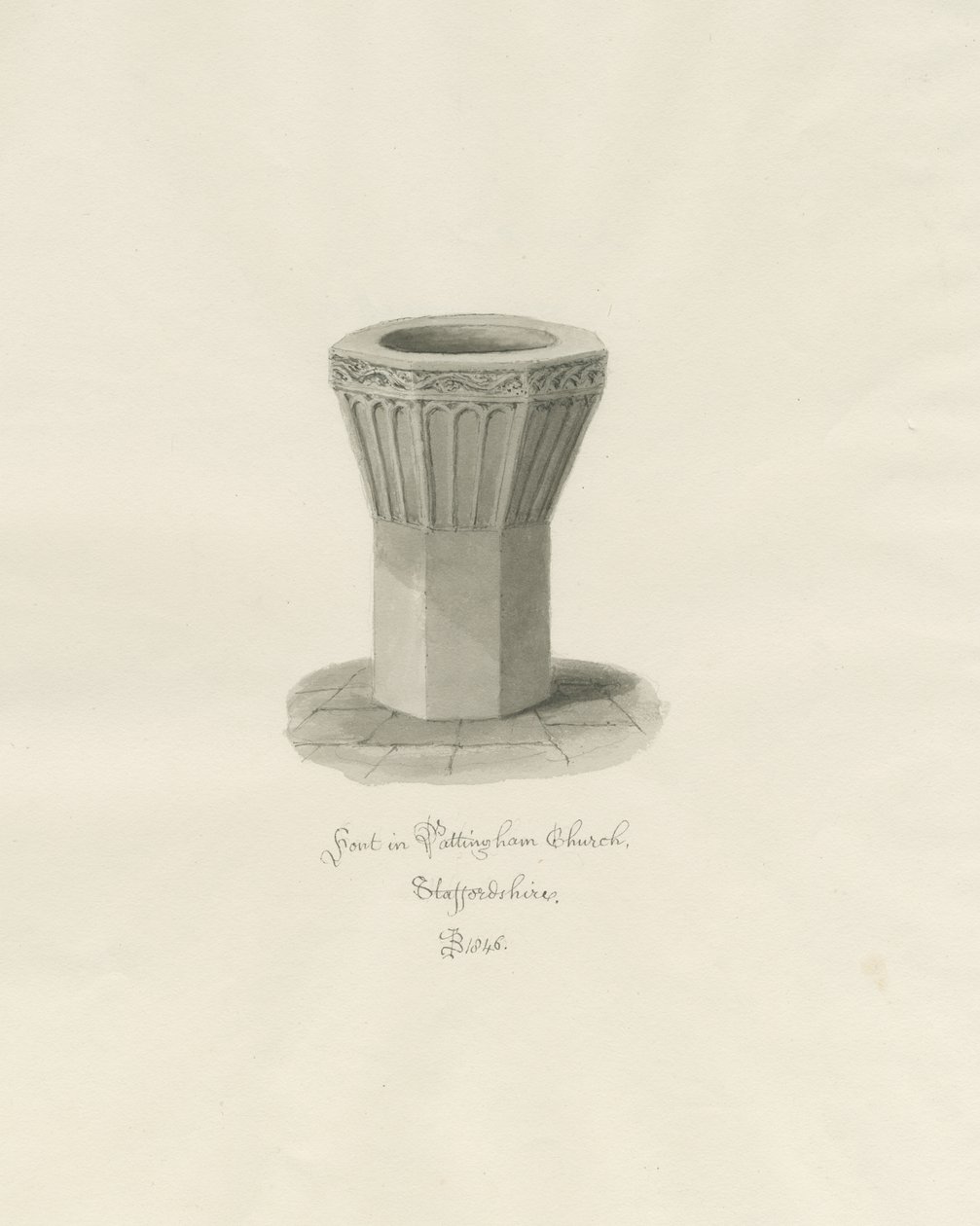 Font v Pattingham Church: sépiová kresba, 1846 od John Buckler
