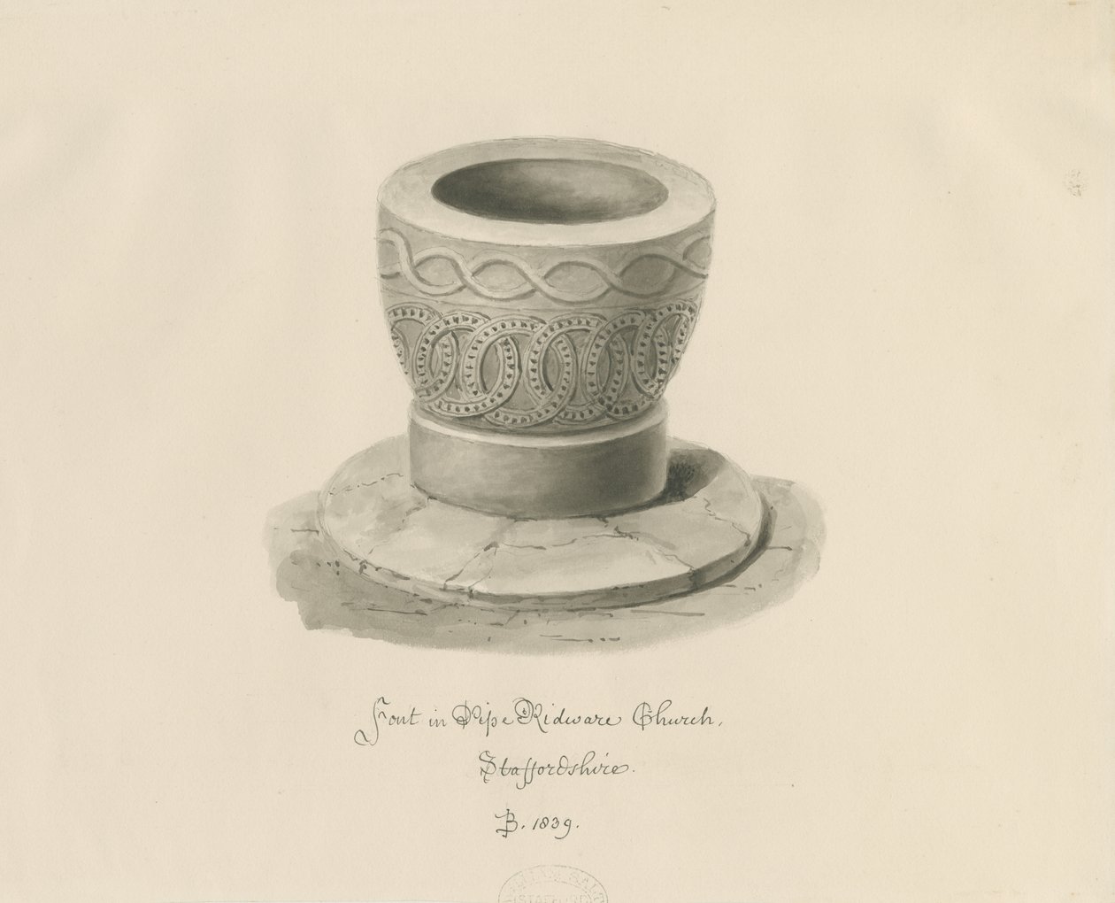 Písmo v Pipe Ridware Church: sépiová kresba od John Buckler