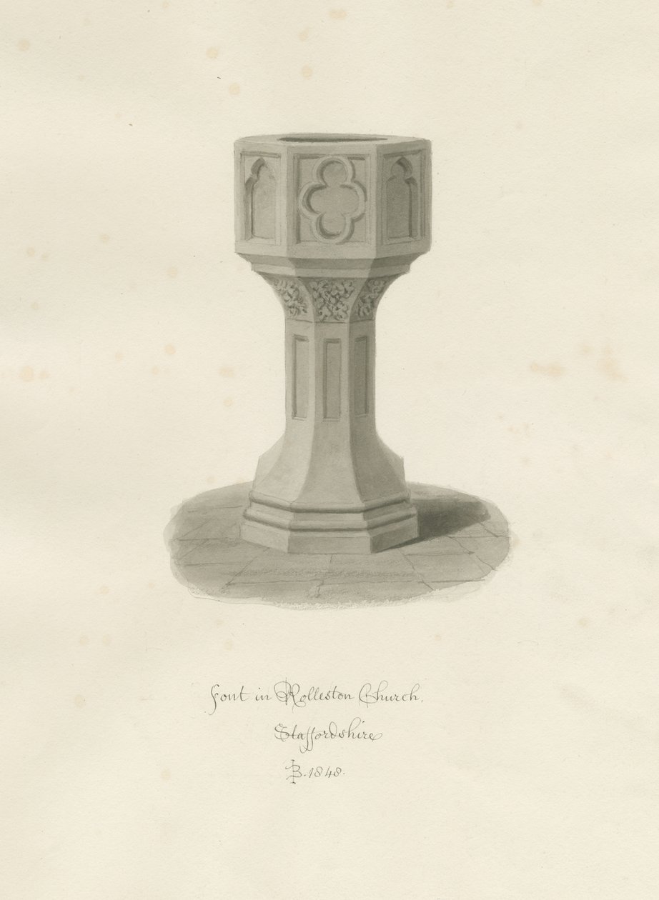 Font v Rolleston Church: sépiová kresba, 1848 od John Buckler