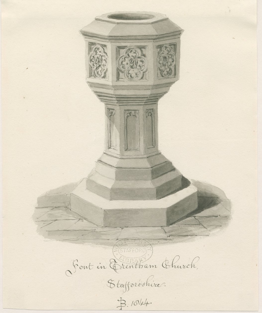 Font v Trentham Church: sépiová kresba, 1844 od John Buckler