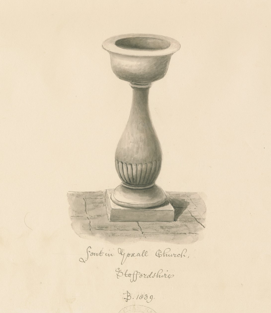 Písmo v kostele Yoxall: sépiová kresba, 1839 od John Buckler