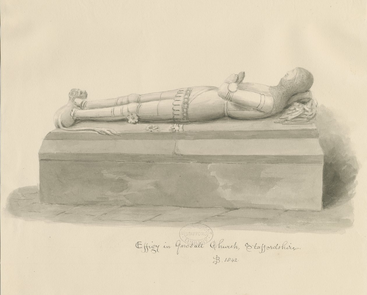 Gnosall Church - Effigy: lavírovaná kresba od John Buckler