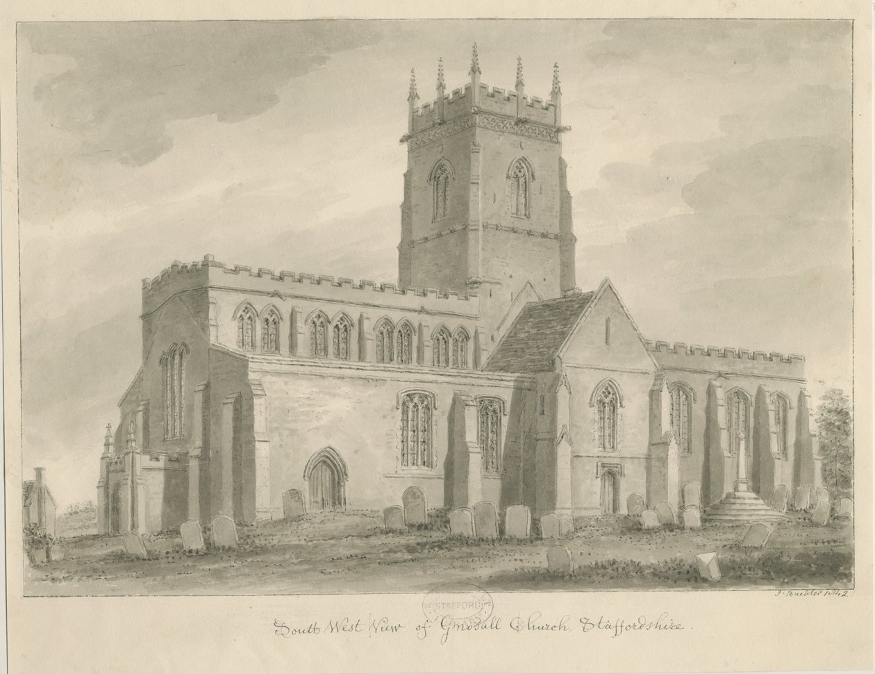 Gnosall Church: lavírovaná kresba od John Buckler