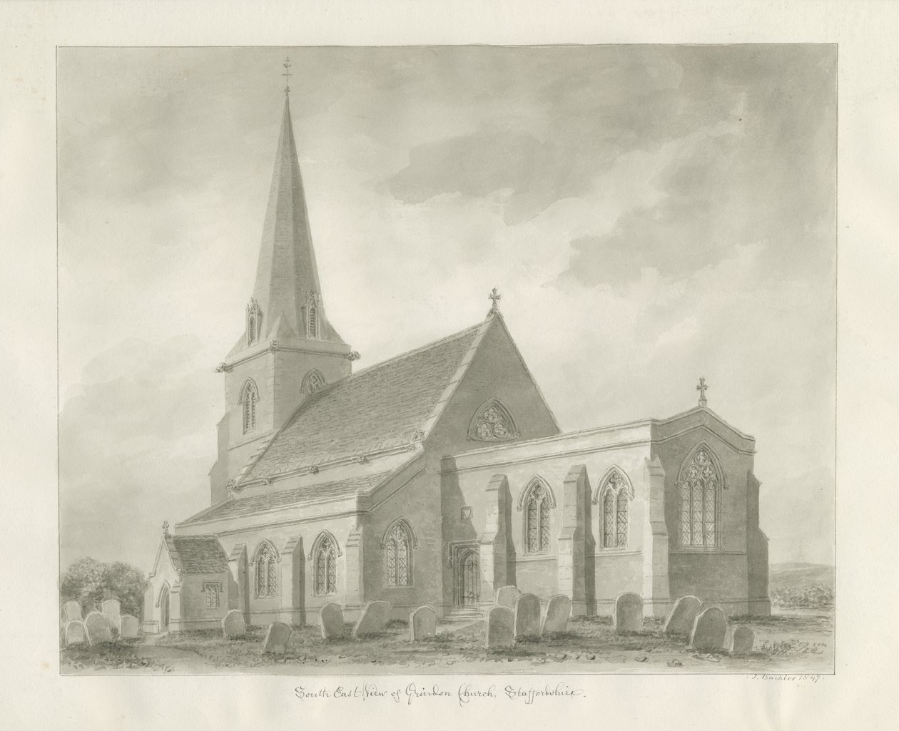 Grindon Church: sépiová kresba od John Buckler