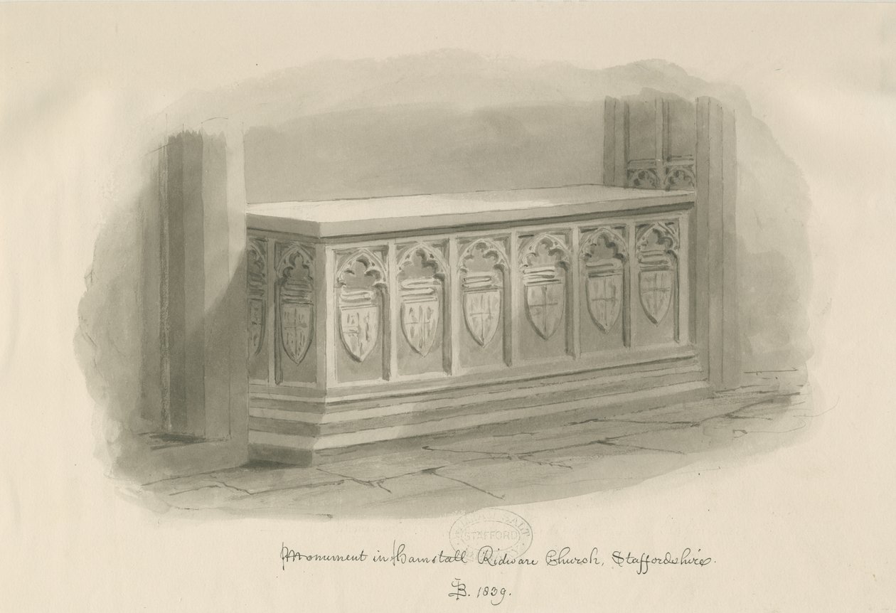 Hamstall Ridware Church – Monument: sépiová kresba, 1839 od John Buckler