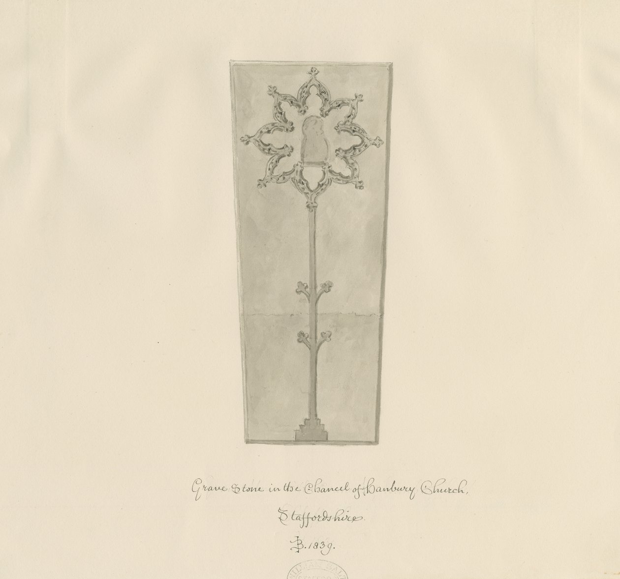 Hanbury Church - Gravestone: sépiová kresba od John Buckler