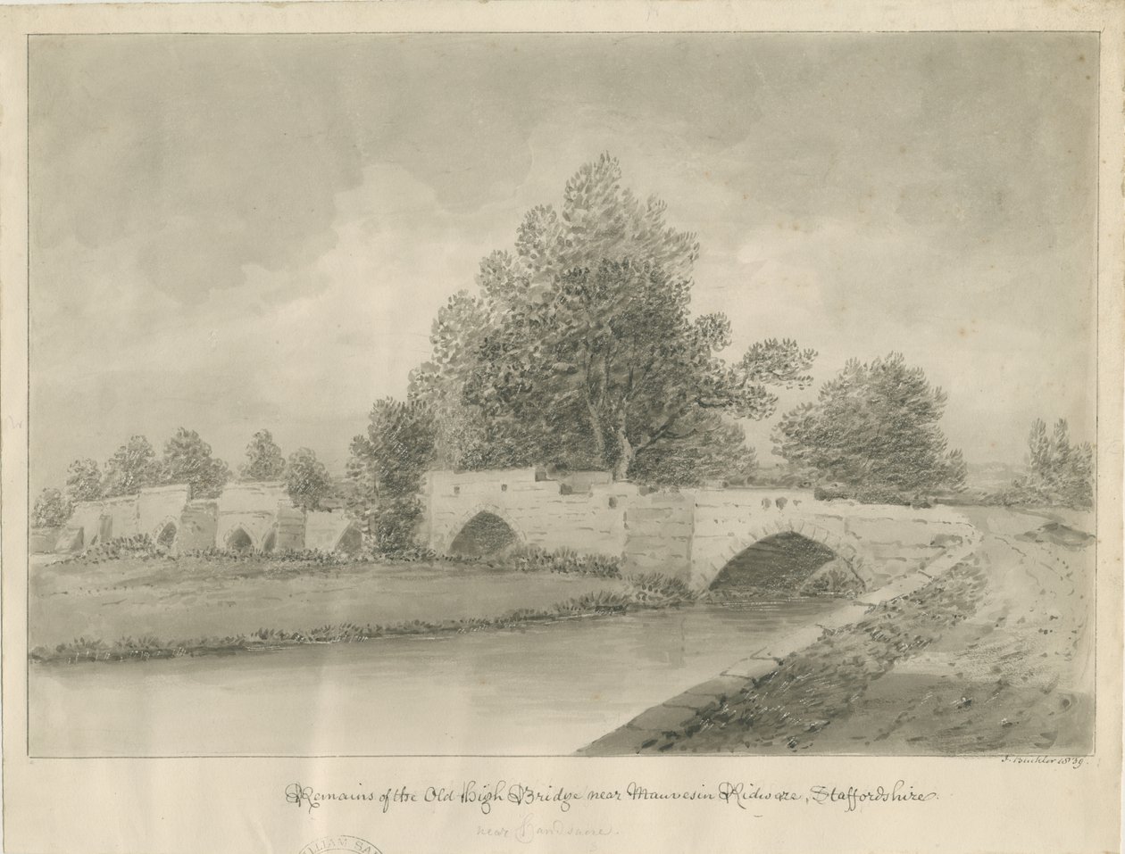 Handsacre - Old High Bridge: sépiová kresba, 1839 od John Buckler