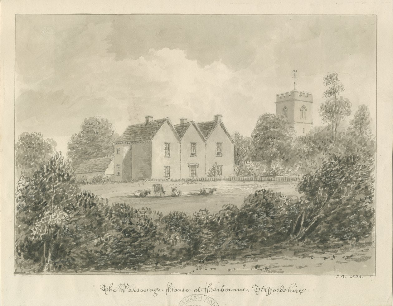 Harborne - Parsonage: sépiová kresba, 1833 od John Buckler