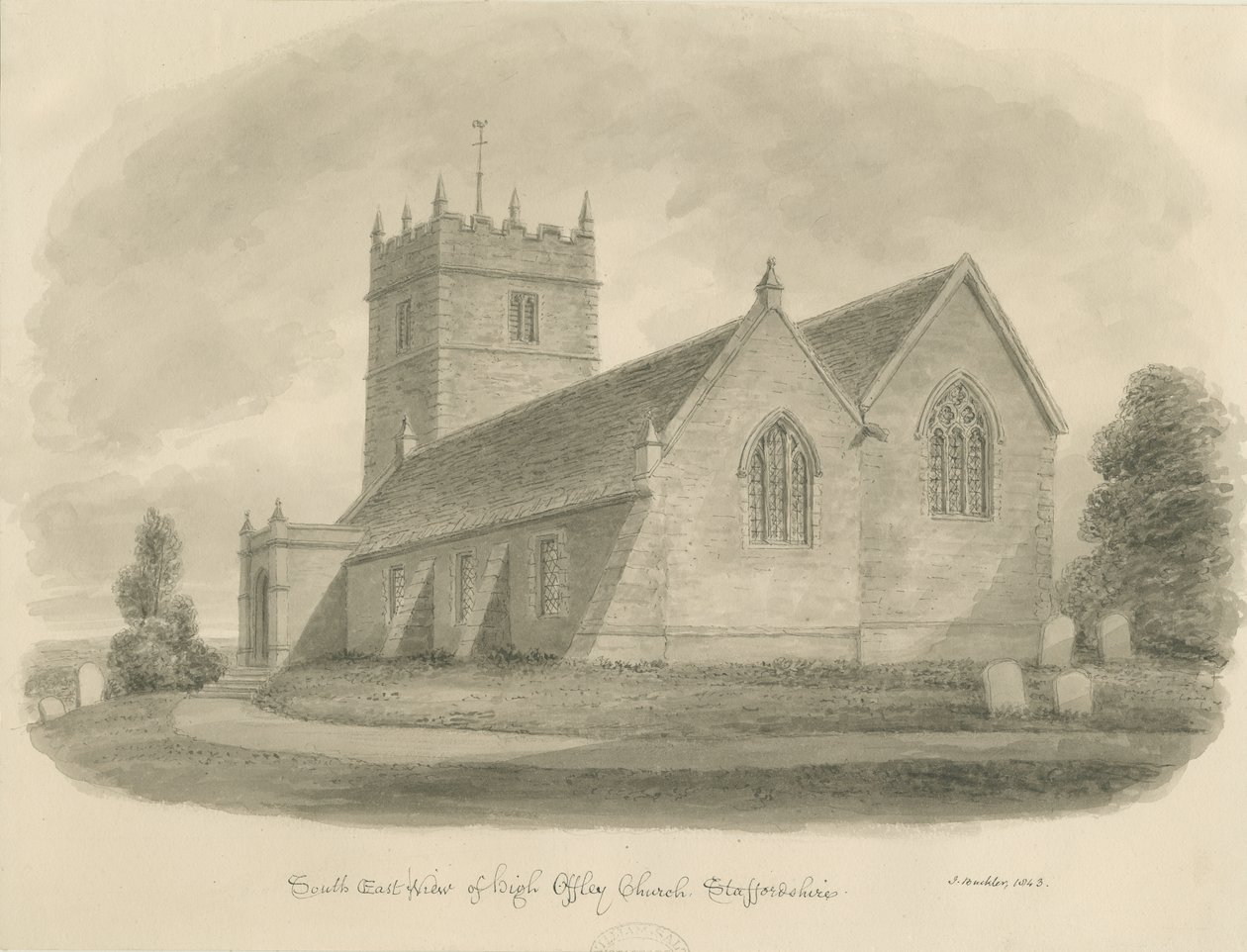 High Offley Church: sépiová kresba od John Buckler