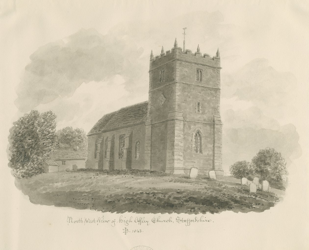High Offley Church: sépiová kresba, 1843 od John Buckler