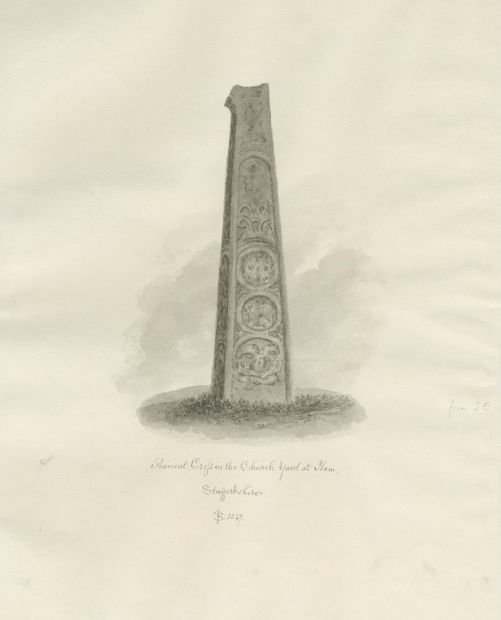 Ilam Church - Ancient Cross: sépiová kresba, 1847 od John Buckler