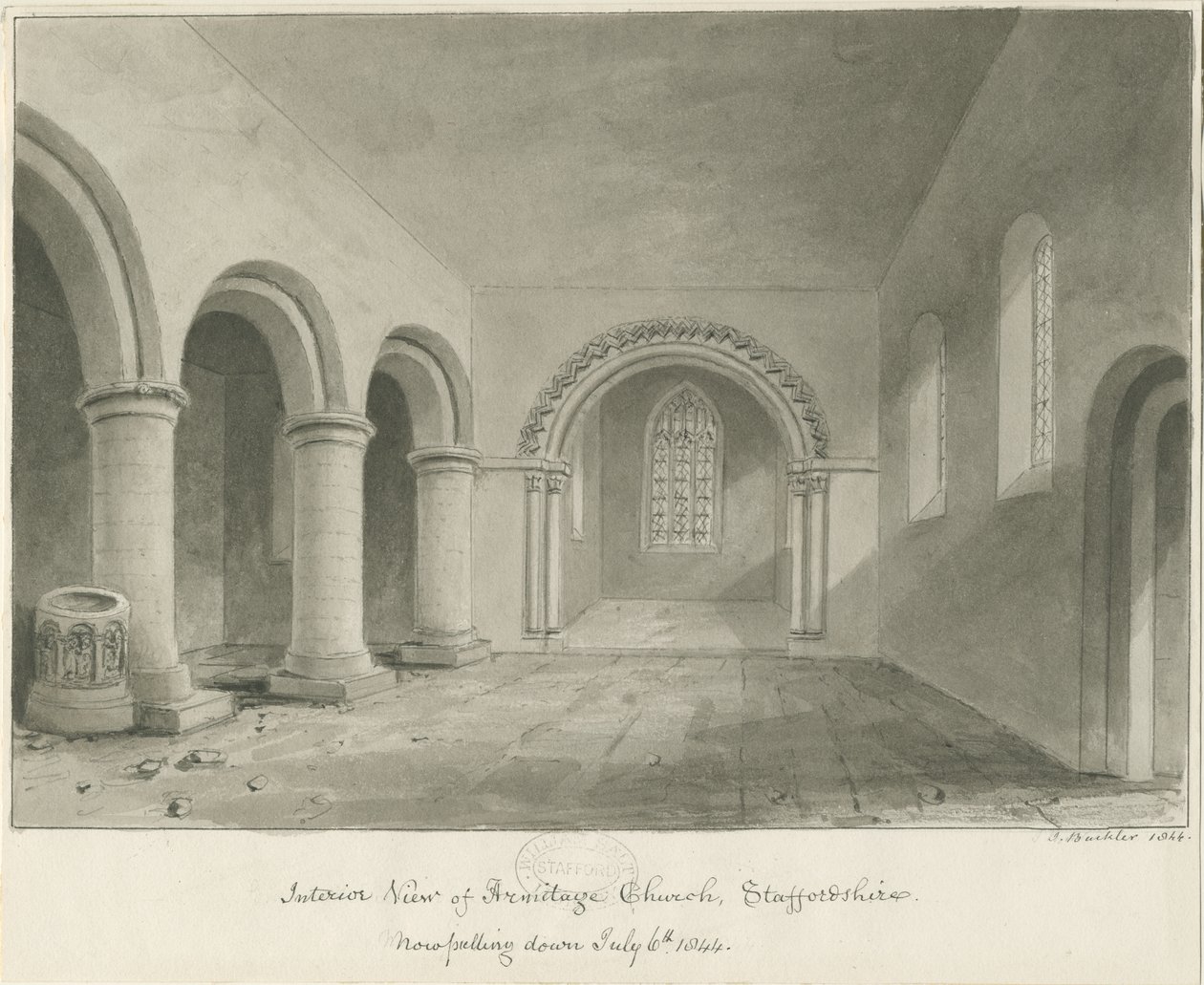 Interiér kostela Armitage: sépiová kresba, 6. července 1844 od John Buckler
