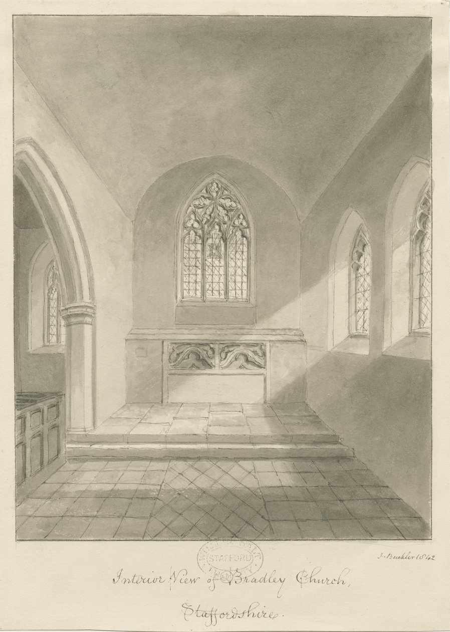 Interiér Bradley Church: sépiová kresba, 1842 od John Buckler