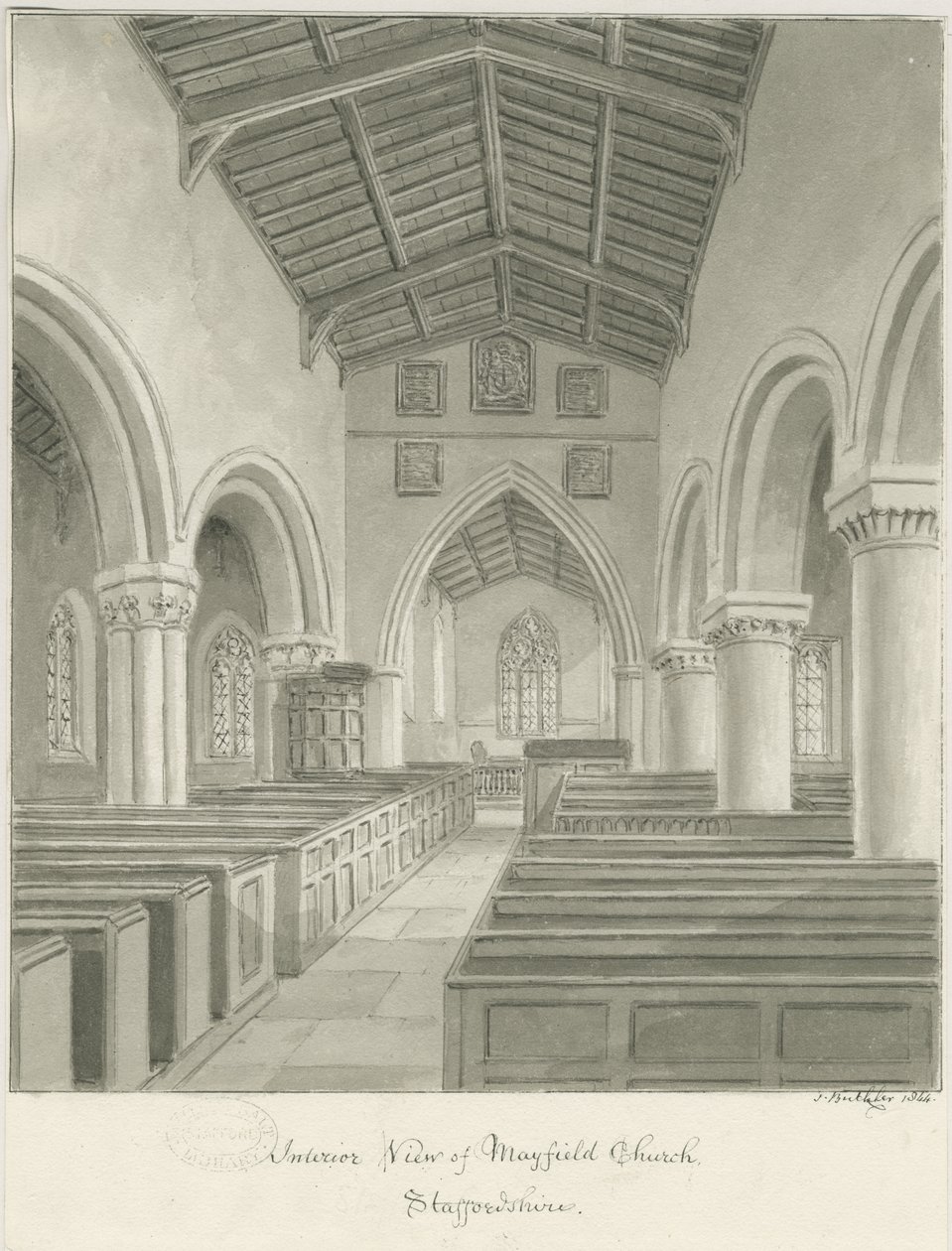 Interiér Mayfield Church: sépiová kresba, 1844 od John Buckler