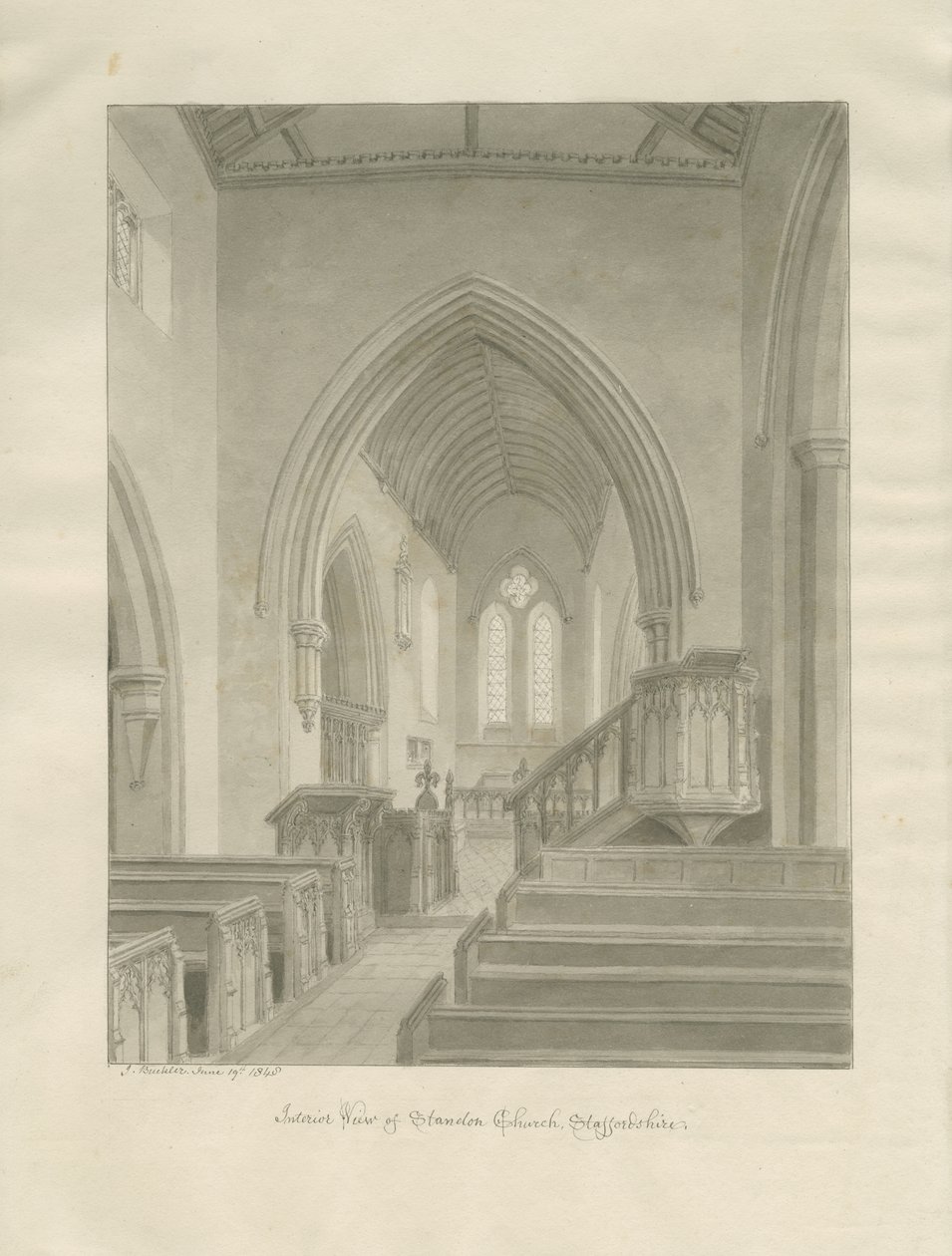 Interiér Standon Church: sépiová kresba od John Buckler