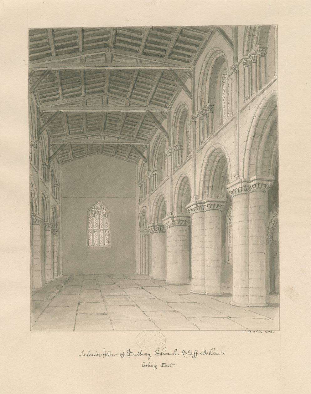 Interiér Tutbury Priory Church: sépiová kresba od John Buckler