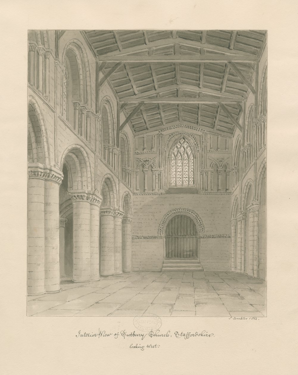 Interiér Tutbury Priory Church: sépiová kresba od John Buckler