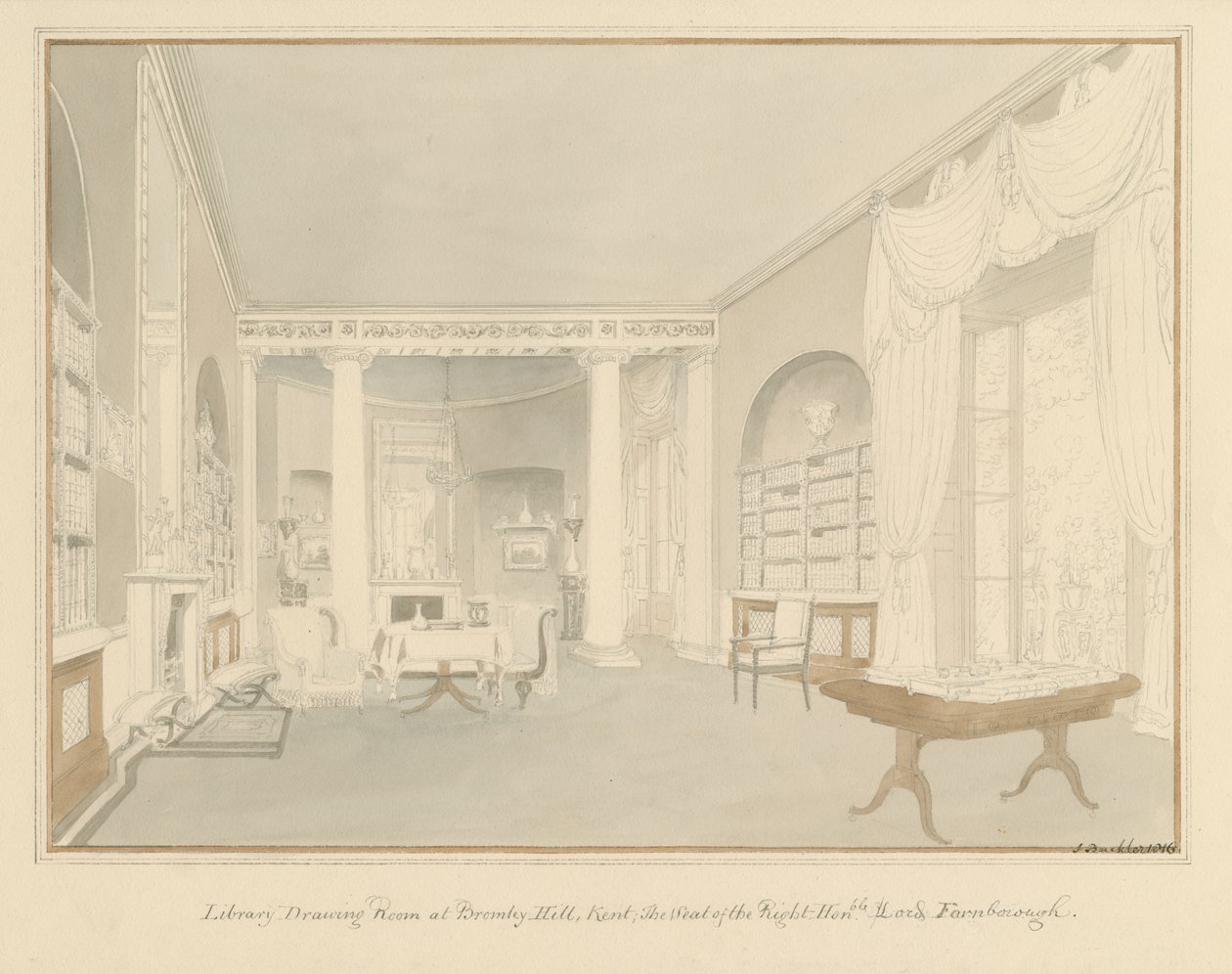 Kent - Bromley Hill - Interiér přijímacího pokoje knihovny, 1816 od John Buckler