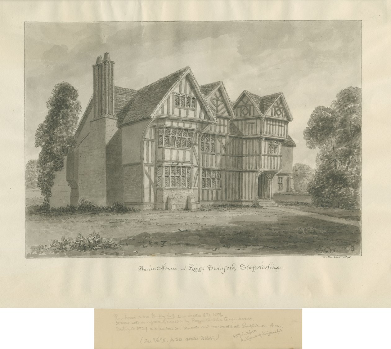 Kingswinford - Bradley Hall: sépiová kresba od John Buckler