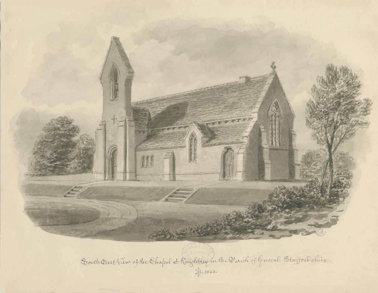 Knightley Chapel: sépiová kresba od John Buckler