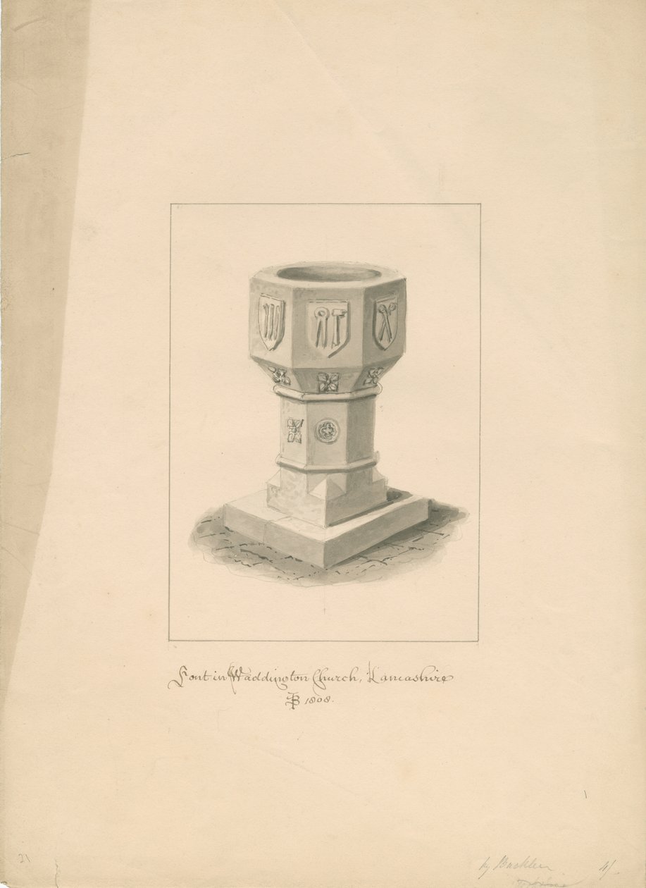 Lancashire - Waddington Church - Font: sépiová kresba, 1808 od John Buckler