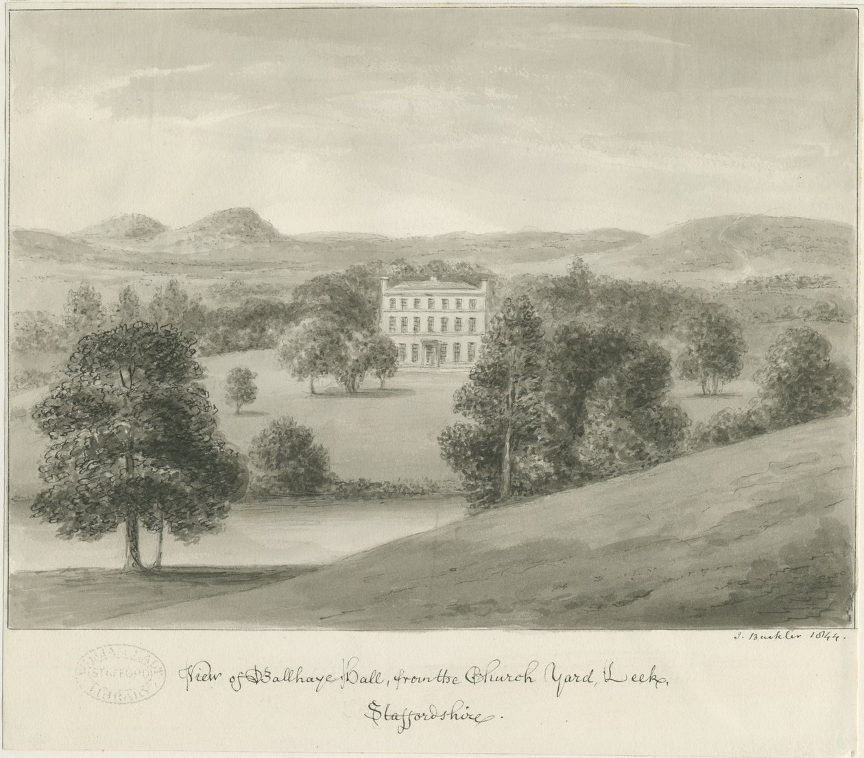 Pórek - Ball Haye Hall: sépiová kresba, 1844 od John Buckler