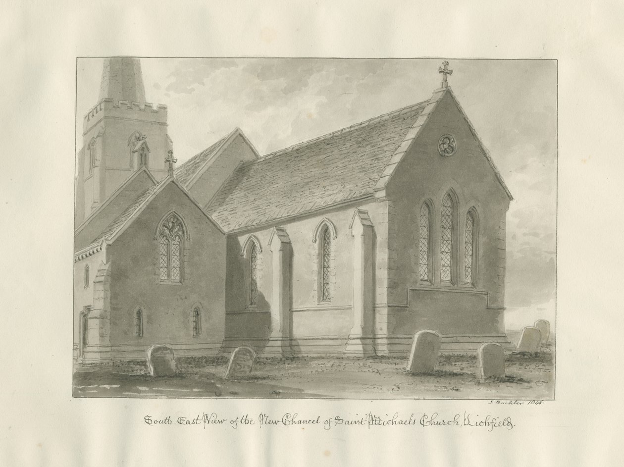 Lichfield - Kněžiště kostela svatého Michaela: sépiová kresba od John Buckler