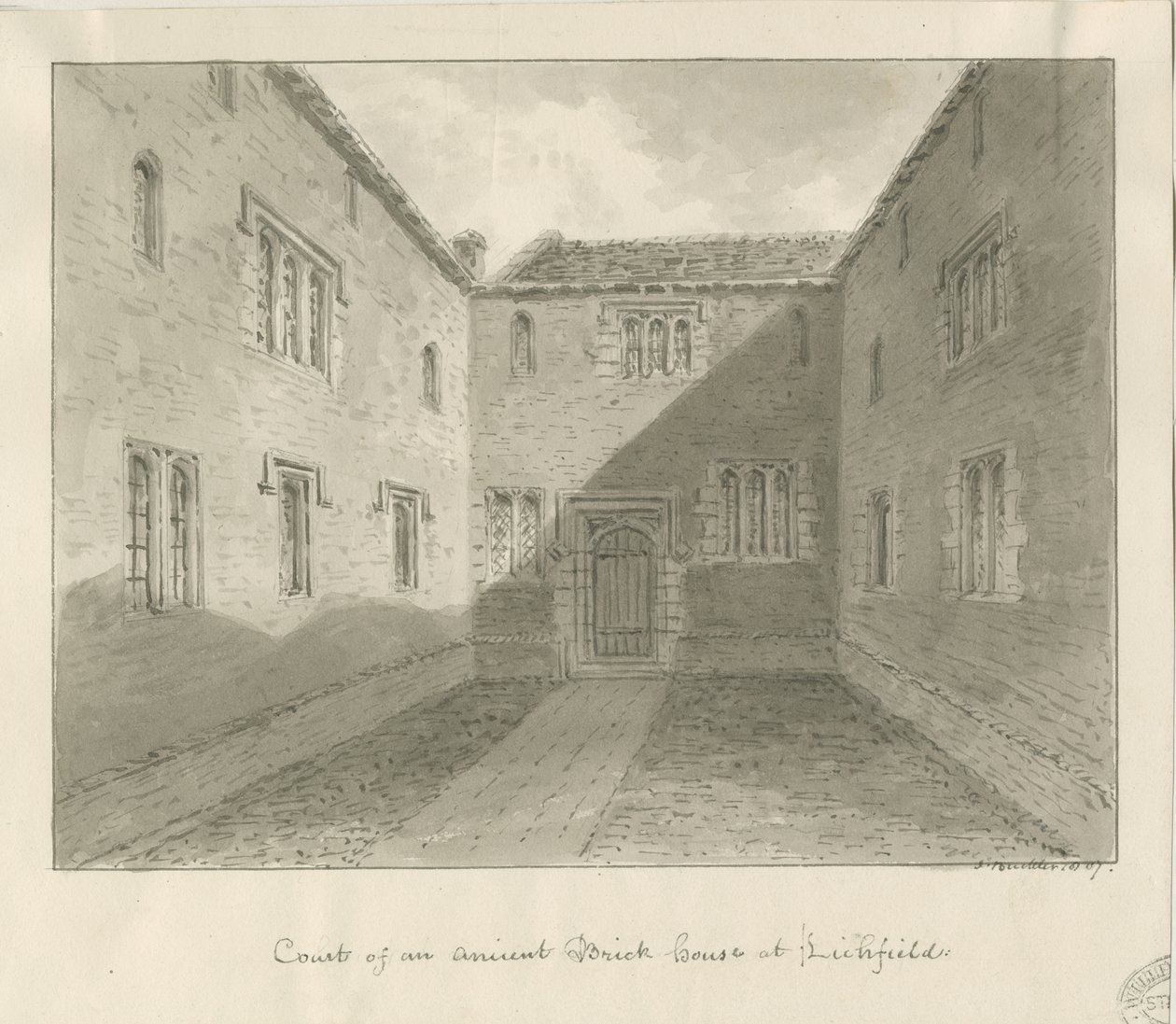 Lichfield - Court Yard of Old House in The Close: sépiová kresba od John Buckler