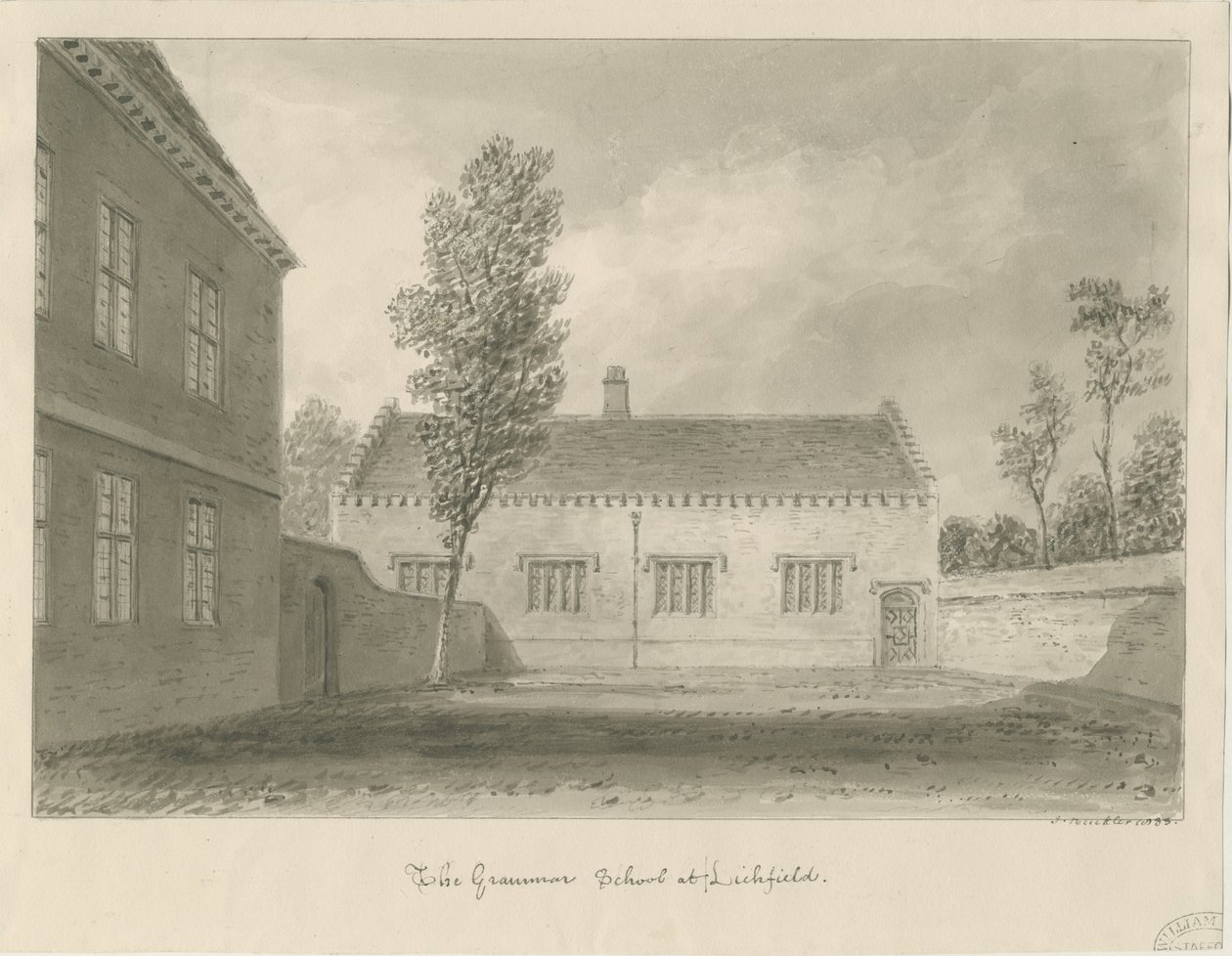 Lichfield - Gymnázium: kresba v sépii od John Buckler