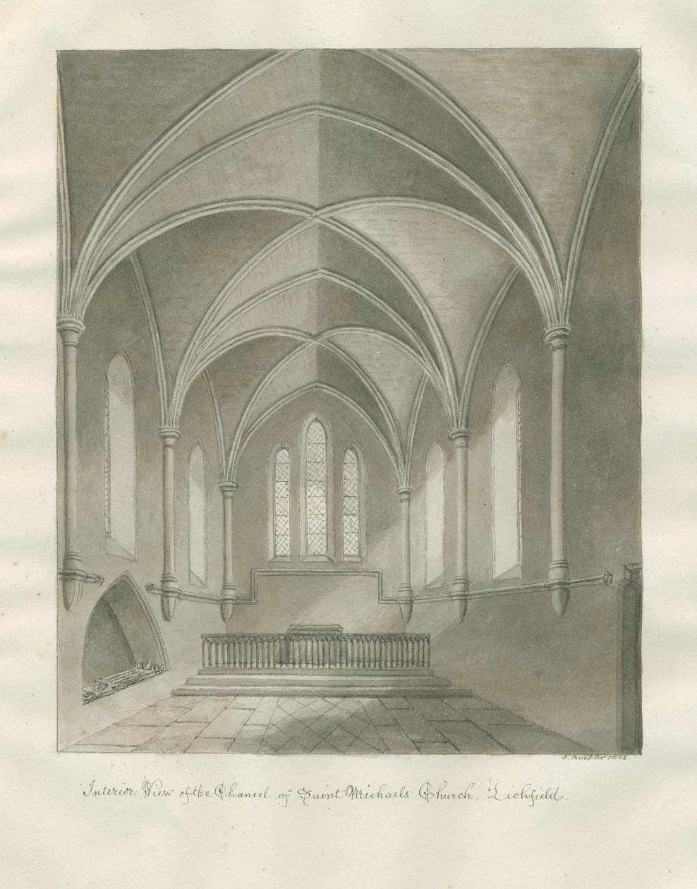 Lichfield - interiér kostela sv. Michala: sépiová kresba od John Buckler