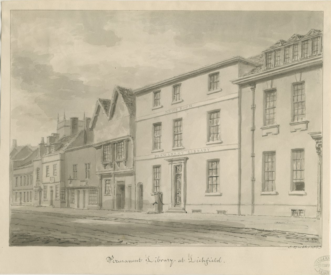 Lichfield - Library: sépiová kresba, 1833 od John Buckler