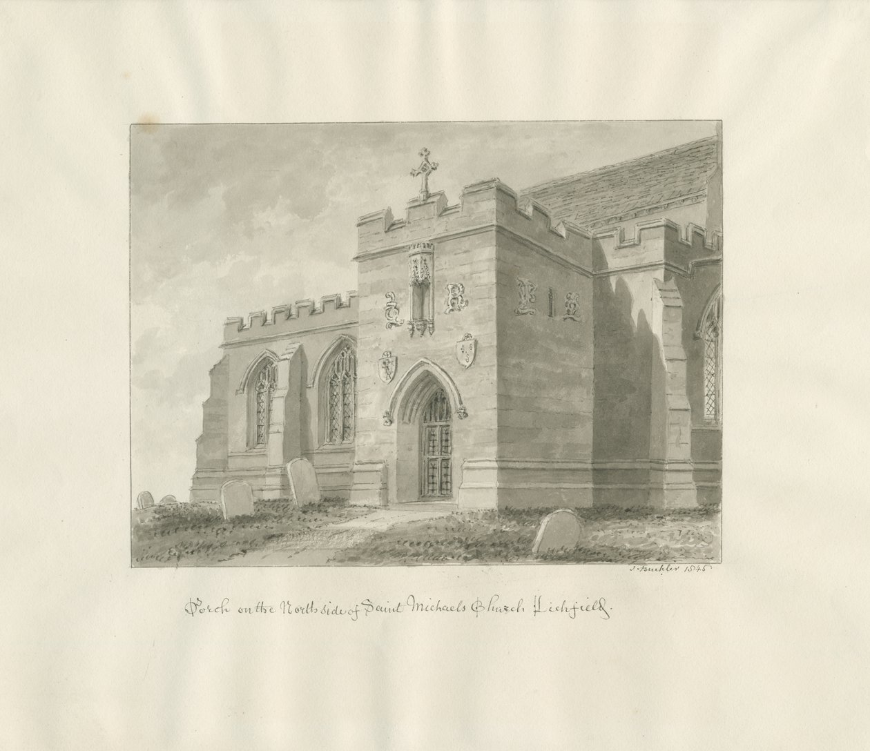 Lichfield - Severní veranda kostela sv. Michala: kresba sépie od John Buckler