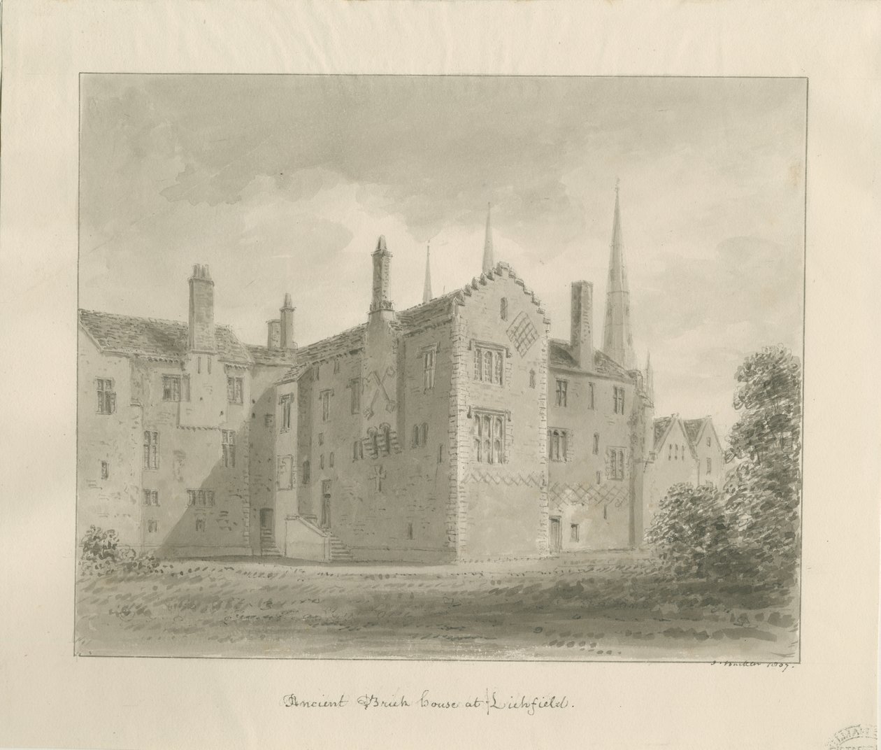 Lichfield - Old House in The Close: sépiová kresba od John Buckler