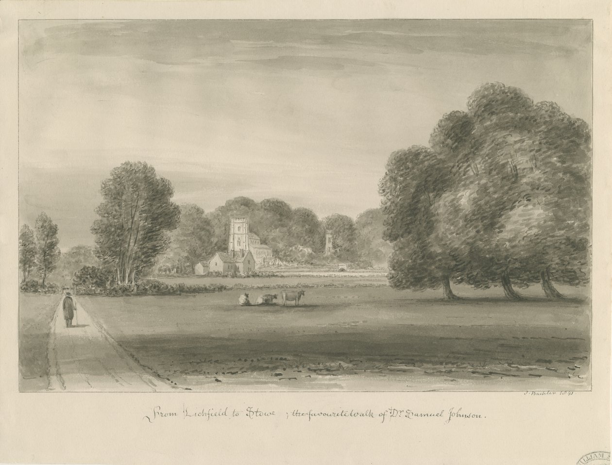 Lichfield - Stowe: sépiová kresba, 1841 od John Buckler