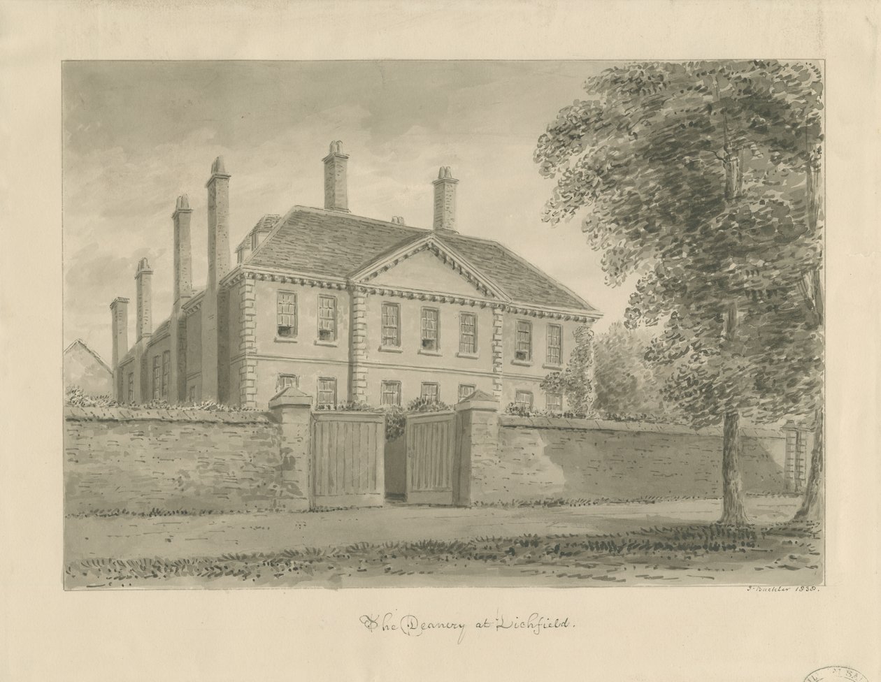 Lichfield - The Deanery in The Close: sépiová kresba, 1838 od John Buckler