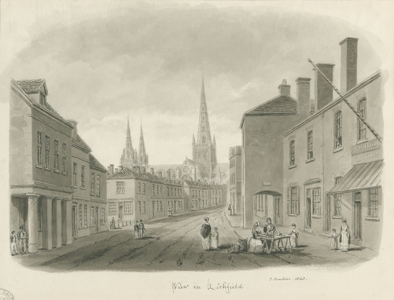 Lichfield - Pohled na ulici: sépiová kresba, 1843 od John Buckler