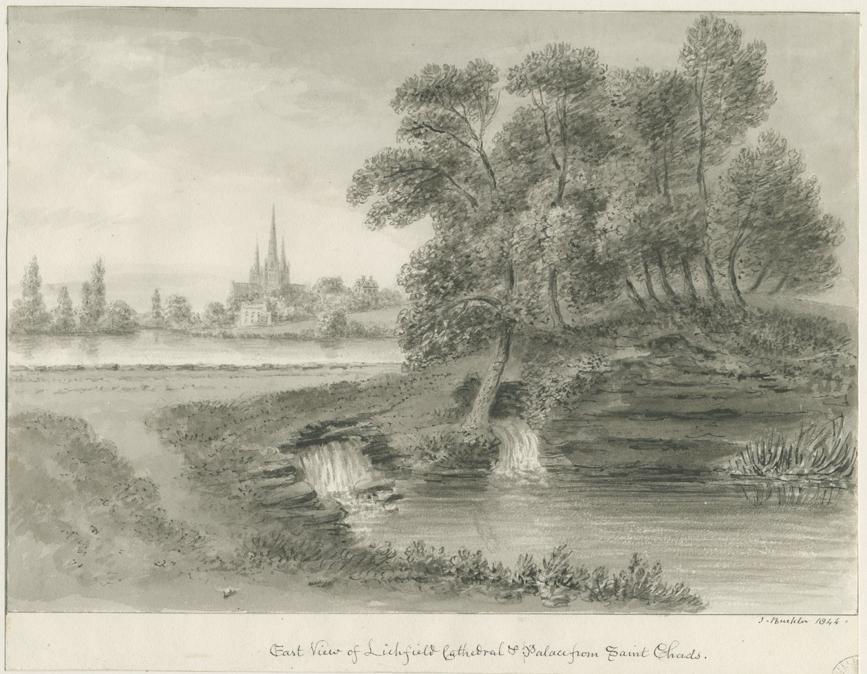 Katedrála Lichfield - Východní pohled: kresba sépie, 1844 od John Buckler