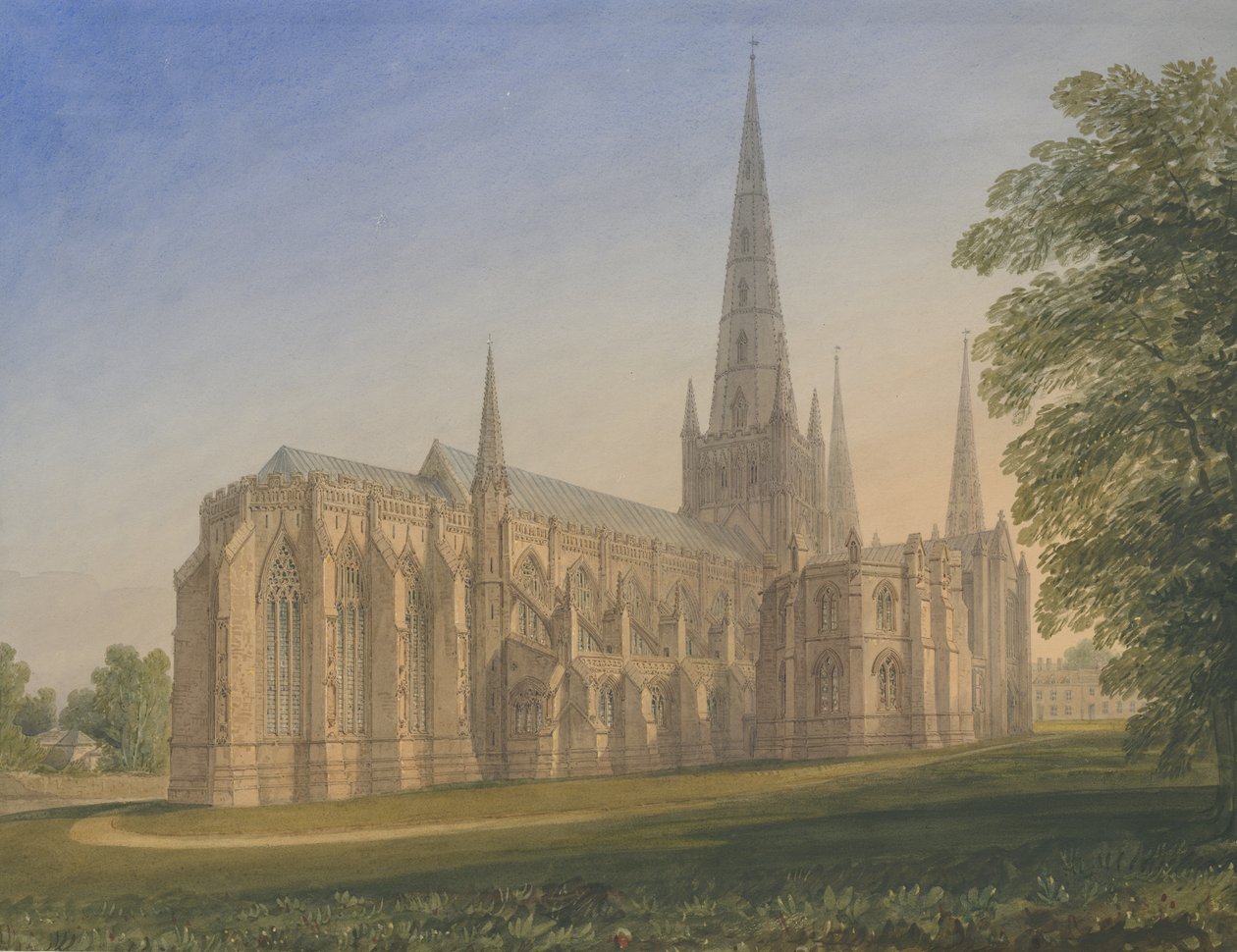 Katedrála Lichfield – pohled na severovýchod: malba vodovými barvami, nd [1770-1851] od John Buckler