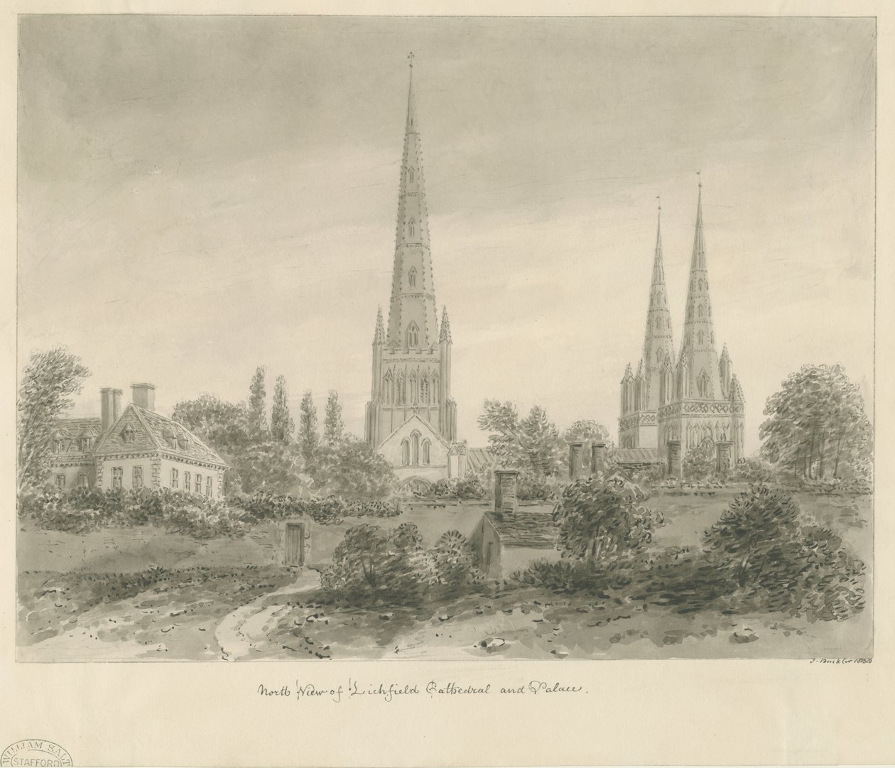 Katedrála Lichfield - severní pohled: sépiová kresba, 1838 od John Buckler
