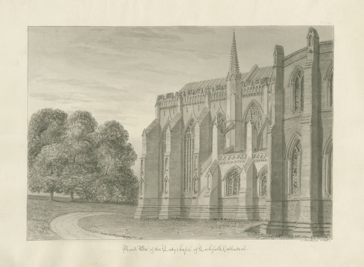 Katedrála Lichfield - severní pohled: sépiová kresba, 1845 od John Buckler
