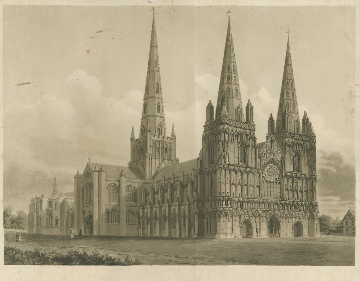 Katedrála Lichfield – pohled na severozápad: rytina akvatinty, nd [1807] od John Buckler